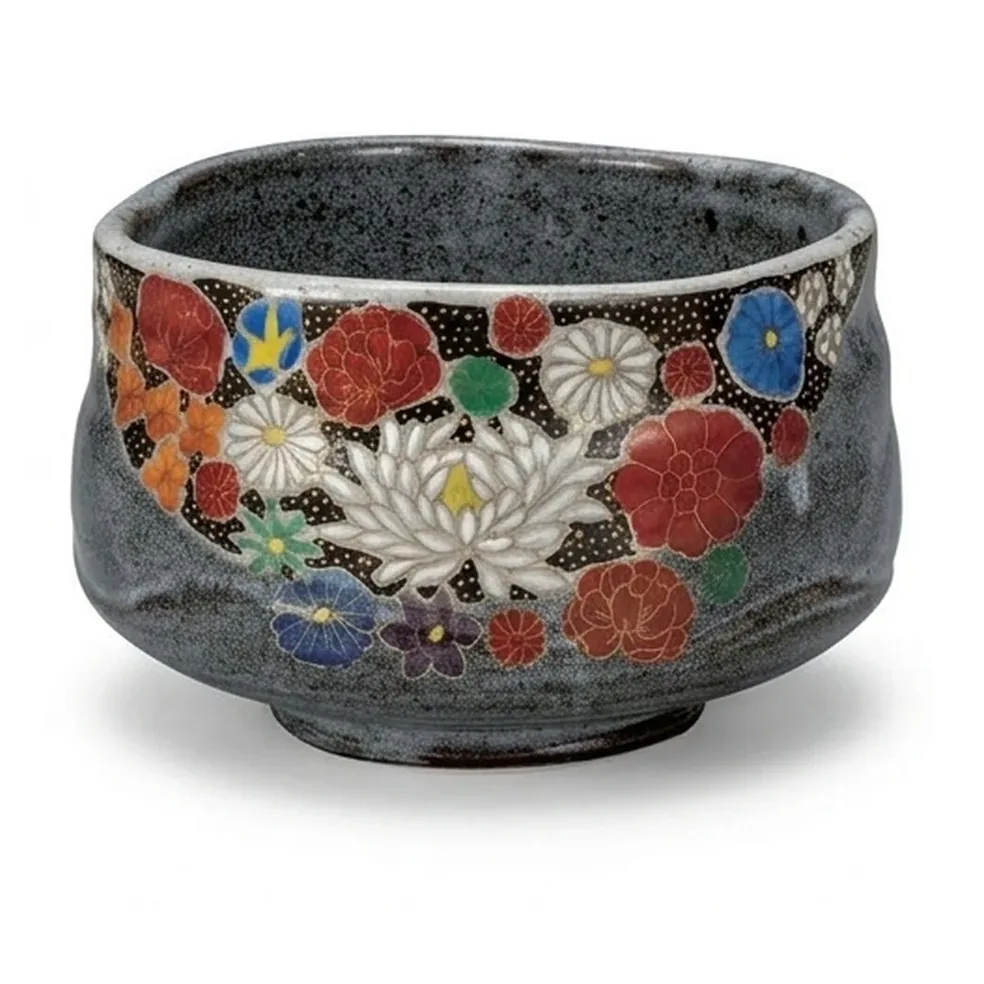 구타니야키 말차완 · 꽃채움 (높이 7.6cm) 다른 각도 2