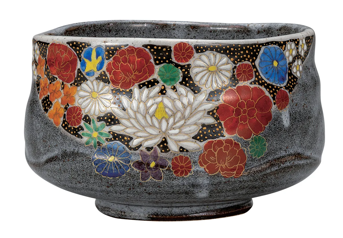 구타니야키 말차완 · 꽃채움 (높이 7.6cm) 정면