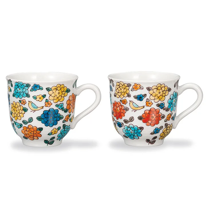 구타니야키 머그컵 · 작은 새와 메리골드 2점 세트 정면
