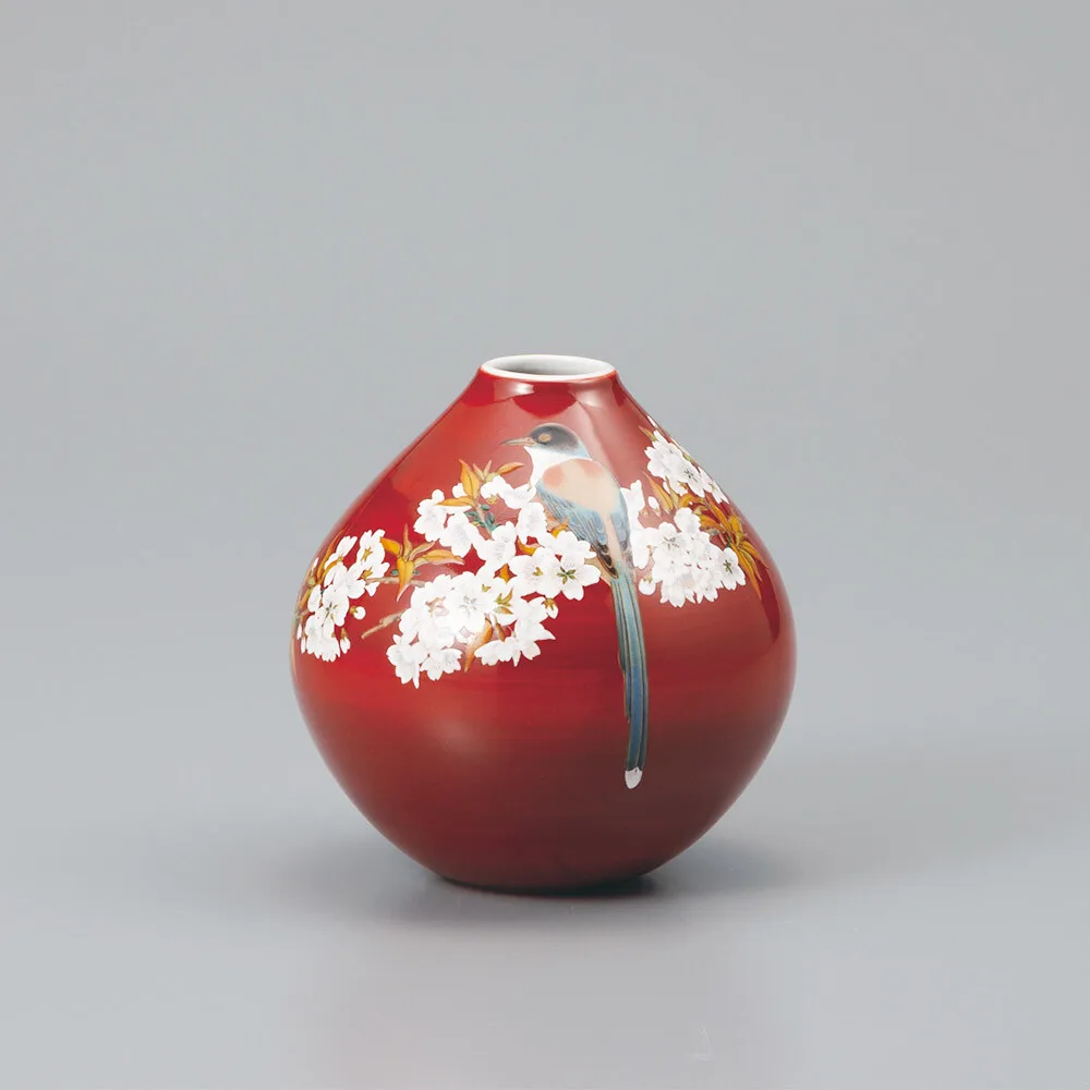 구타니야키 4호 화병 · 산벚꽃에 새 정면