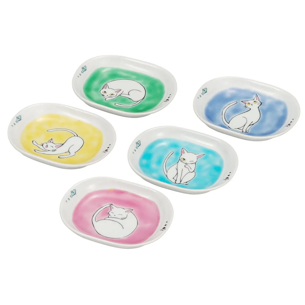 구타니야키 3.5호 접시 · 흰 고양이 5점 세트 정면