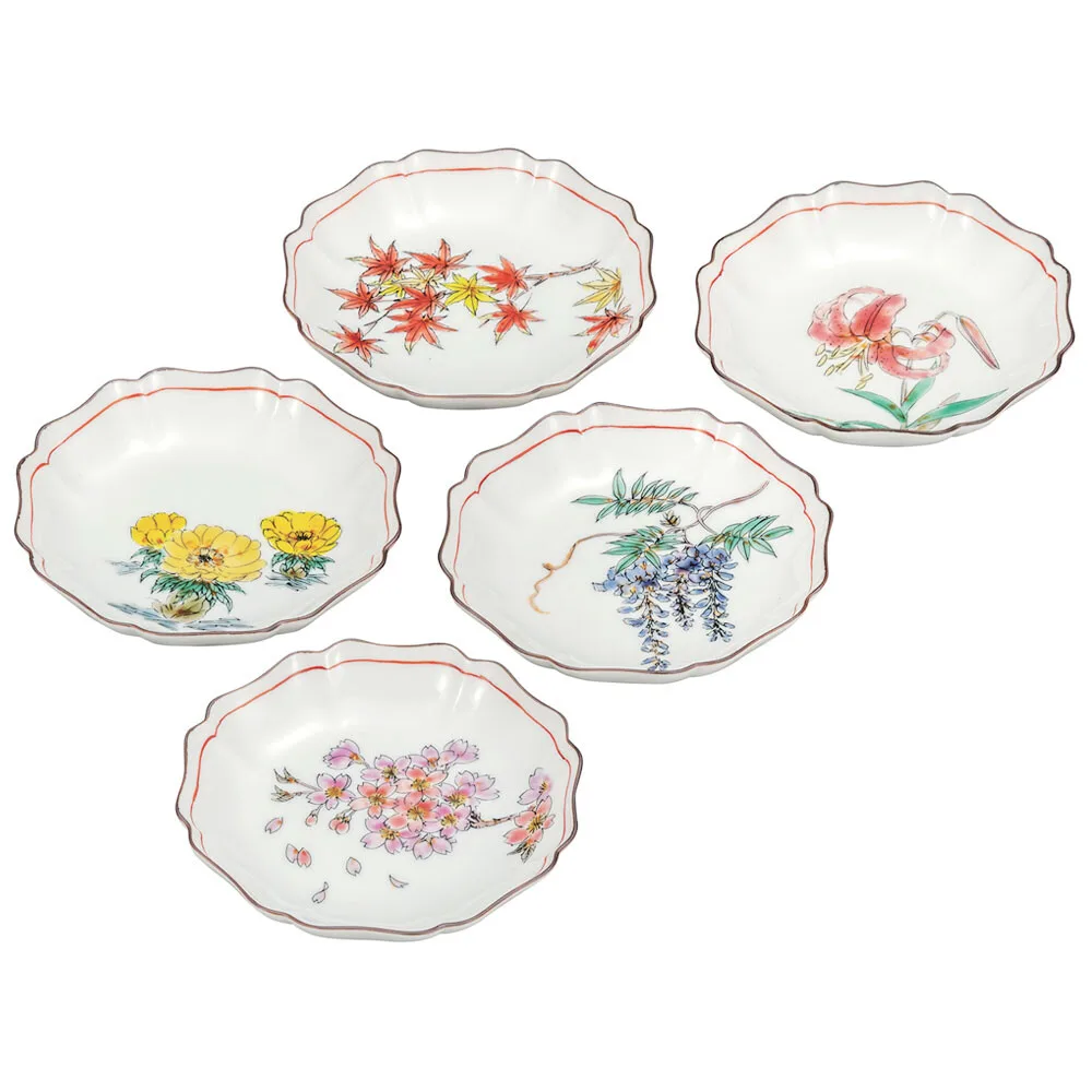 구타니야키 4.2호 접시 · 화초 그림 바꿈 · 5점 · 지름 13.2cm 정면