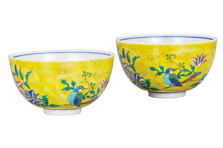 구타니야키 밥그릇 · 요시다야 화조 · 2점 · 지름 10.8cm 정면