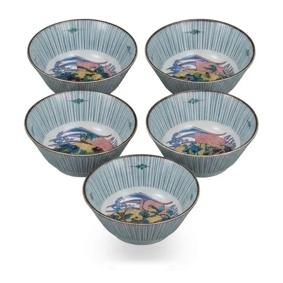 구타니야키 4.5호 대접 · 부채 그림 바꿈 5점 세트 측면