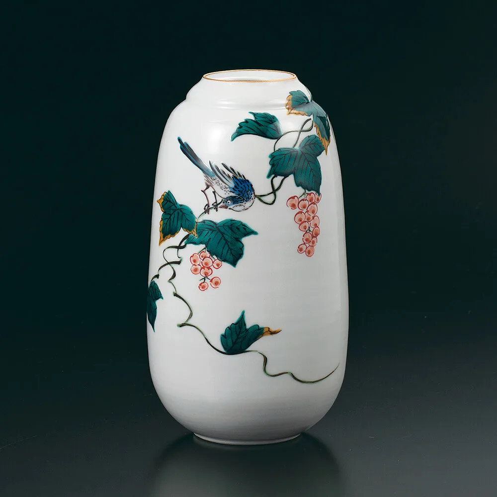 구타니야키 화병 · 장식 색그림 포도에 새 정면